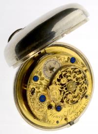 Angielski, XVIII wieczny srebrny zegarek kieszonkowy, szpindlowy. Szpindlak