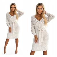 Женское ажурное платье-свитер с вырезом и завязкой