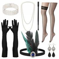 Zestaw retro lata 20 Opaska Korale Kolczyki Rękawiczki Kabaretki Damski 9w1
