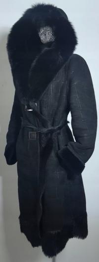 Kożuch czarny zgrabny naturalny lis toskan kaptur ciepły L XL