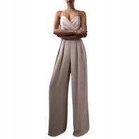 MD kombinezon dzwony szerokie nogawki na ramiączkach BEŻOWY