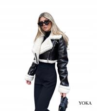 DAMSKA KURTKA ZIMOWA PILOTKA SKÓRZANA Z KOŻUCHEM CZARNA KRÓTKA STYLOWA YOKA