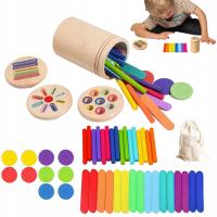 ZESTAW MONTESSORI 3 W 1 DREWNIANE PATYCZKI MONETY I ZRĘBKI DRZEWNE