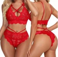 BIELIZNA DAMSKA KOMPLET SEKSOWNA ZMYSLOWA KORONKOWA CZERWONY 3XL