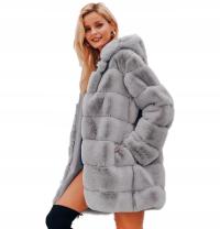 Futro płaszcz sztuczny szary z kapturem ciepły elegancki r. XS