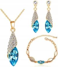 Złoty ślubny komplet biżuterii zestaw 3 cz błękitne niebieskie cyrkonie