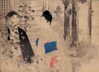 Japoński drzeworyt, Rendez-vous w ogrodzie świątynnym, Toshikata, 1901 r.