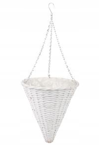 BIAŁY WIKLINOWY KOSZ WISZĄCY NA KWIATY STOŻEK 28x28x32/68 cm