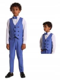 Wizytowy Niebieski Bawełniany Komplet Chłopięcy 4 el. KRATKA rozm cm