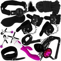 Zestaw BDSM 13el Kajdanki Pejcz Knebel Obroża Smycz Wibrator Korek LeLex