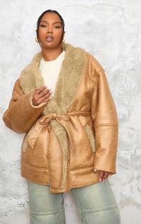 BEŻOWA KLASYCZNAKURTKA SZTUCZNE FUTRO EKO SKÓRA PRETTYLITTLETHING L