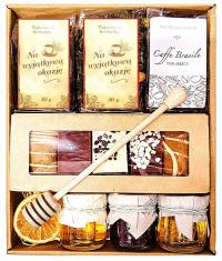 KOSZ PREZENTOWY PREZENT UPOMINEK MIÓD HERBATA KAWA PIERNIKI KONFITURA