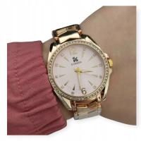 Zegarek damski na bransolecie złoty cyrkonie stylowy różowa tarcza modny