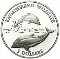 Niue. 5 dolarów 1992, Zagrożone gatunki – delfiny – SREBRO