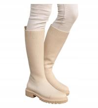 Kozaki damskie na płaskim obcasie Beżowe buty na jesień 18076