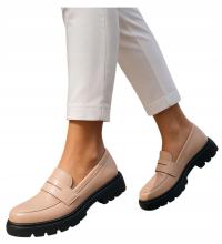 Półbuty damskie Wkładane beżowe loafersy buty na platformie 18628