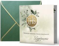 ZAPROSZENIA na Komunię IMIĘ papier perłowy IHS - 3D złoto, perłowa koperta