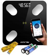 Inteligentna waga łazienkowa smart szklana OMNA aplikacja, miarka i baterie