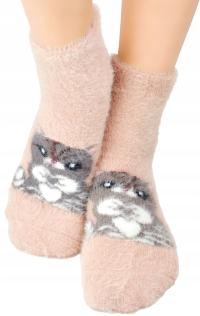 SKARPETKI SKARPETY DZIEWCZĘCE CIEPŁE GRUBE PUCHATE brąz kotek 27/30 V008ź