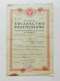 ŚWIADECTWO PRZEMYSŁOWE dla CHIŃCZYKA SPRZEDAŻ KWIATÓW PAPIER. WARSZAWA 1927