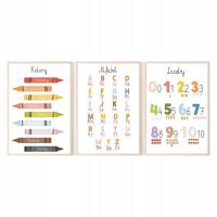 Набор из 3 плакатов A3 Монтессори образовательный алфавит цифры цвета различные узоры