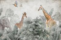 Фотообои джунгли сафари жираф слон птицы листья