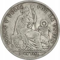 4.PERU, 1/5 SOLA 1909 FG