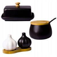 MASELNICZKA POJEMNIK NA MASŁO CZARNA + CUKIERNICA CZARNA + PRZYPRAWNIKI