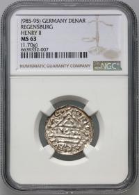 Niemcy, Bawaria, Henryk II Kłótnik 985-995, denar, Regensburg, NGC MS63