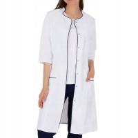 Медицинский лабораторный халат белый с язычком темно-синий короткий рукав 2X