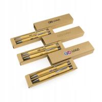 KOMPLETY REKLAMOWE z nadrukiem Z LOGO długopisy ołówki MORRIS +PUDEŁKO 50sz