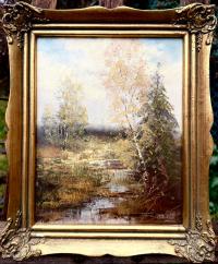 LEŚNY PEJZAŻ Z MOKRADŁAMI - DELIKATNE NASTROJOWE MALARSTWO - PIĘKNY OBRAZ