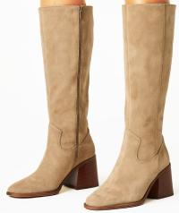 KOZAKI DAMSKIE NA SŁUPKU KHAKI BEŻOWE ZAMSZOWE