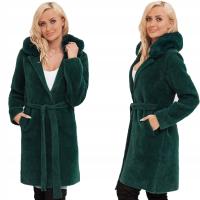 ALPAKA Z FUTERKIEM CIEPŁY PŁASZCZ Z PASKIEM KOLORY BUTELKOWA ZIELEŃ