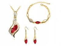 Złoty komplet biżuterii damskiej czerwone cyrkonie czerwień do sukienki 3cz