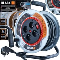 PRZEDŁUŻACZ BĘBNOWY METALOWY 25M 4 GNIAZDA + 2x USB GRUBY KABEL BLACK