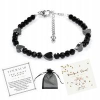 Bransoletka CZARNY TURMALIN fasetowany 4mm i Serca z Hematytu regulowana