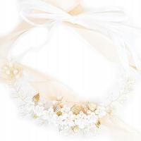 WIANEK białe kwiaty złoty na KOMUNIĘ ślub z listkami perłami giętka ozdoba