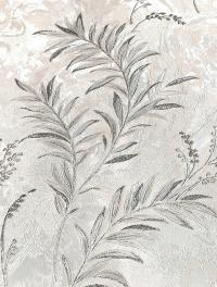 Tapeta na ścianę winylowa biała perłowa delikatne listki srebro z brokatem