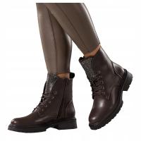 BOTKI Czekoladowe Damskie WYGODNE Żłobiona Platforma Sznurowane MODNE