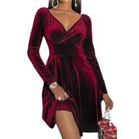 Женское велюровое платье миди элегантное вечернее бордовое платье с V-образным вырезом
