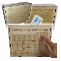 Personalizowana skarbonka wykreślanka z celem na oszczędzanie GRAWER drewno