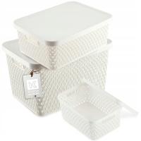 KOSZYK Z POKRYWKĄ POJEMNIK PUDEŁKO PLASTIKOWY ZESTAW KOSZYKÓW 3 szt BIAŁY