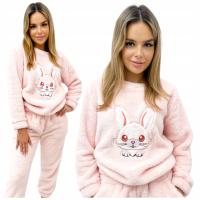 Piżama Damska Dwuczęściowa Mega Ciepła Gruba Kieszenie Haft Buny Różowa