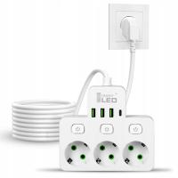 Удлинитель питания, разветвитель, разветвитель, 3 розетки, 230 В, 4x USB