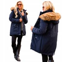 VIANNE Wyszczuplajaca KURTKA Damska Parka Zimowa Ocieplana Futro Granat