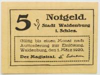 Notgeld Wałbrzych Waldenburg Śląsk 5 pfennig fenigów 1920 rok