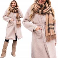 Elegancki Klasyczny SZAL Szalik Damski Kratka Złote Paski Frędzelki Karmel