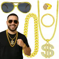 ZESTAW GANGSTERA RAPER DODATEK PRZEBRANIE DISCO LATA 80 90 ZŁOTY ŁAŃCUCH