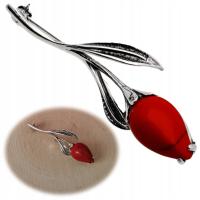Серебряная брошь с кораллом тюльпан серебро pr.925